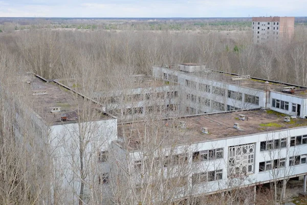 Opuštěná Betonová Budova Mezi Stromy Pripyatu Letecký Pohled Zataženo Krajina — Stock fotografie