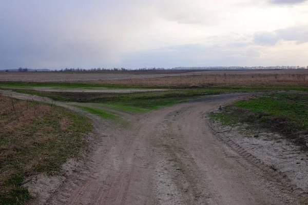 Two diverging dirt roads. A fork in two roads in a field in the late evening.