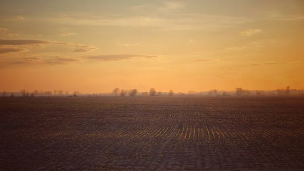 Sunset sky over the agricultural plain. Farmer fields in the evening. Plain landscape.