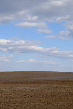 Tarlaya sürülmüş bir tarla. Bir tarlanın üzerinde mavi gökyüzü.