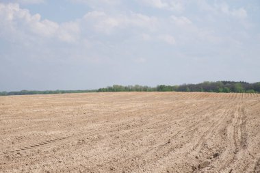 Tarlaya sürülmüş bir tarlanın üzerindeki güzel gökyüzü. Tarım endüstrisi manzarası. Tarlaya sürülmüş bir çiftlik. Gündüz ekili toprak.
