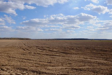 Tarlaya sürülmüş bir tarla. Bir tarlanın üzerinde mavi gökyüzü.
