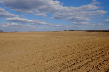 Tarlaya sürülmüş bir tarla. Bir tarlanın üzerinde mavi gökyüzü.
