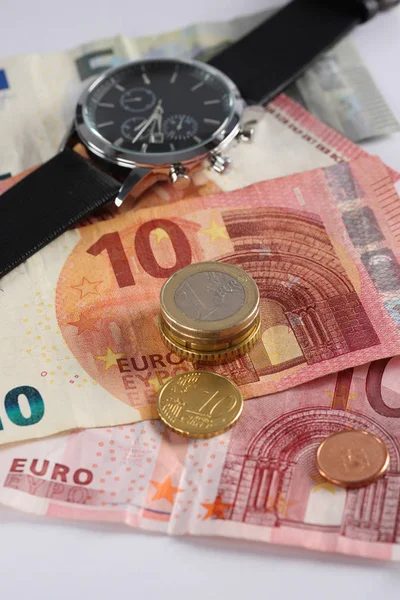 Dinero Billetes Euro Con Relojes Pulsera Tiempo Dinero Brexit — Foto de Stock