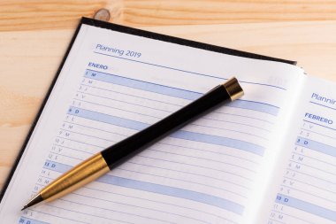 İş kavramı - ciltli 2019 kelimesiyle açık defter günlüğüne üstten görünüm, kaydını istiyor ve 2019 için planları