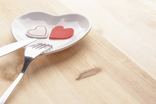 Red Heart White Plate Form Heart Wooden Background Fork Knife — Stock Photo, Image