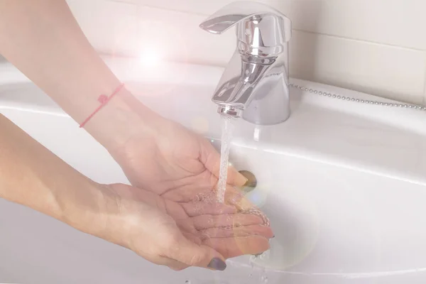 Girl Washes Her Hands White Clean Sink Bathroom — Stock Photo, Image