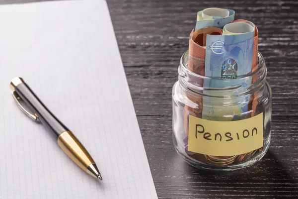 Glass Jar Coins Euro Notes Words Pension Pen Blank Note — Stock Photo, Image