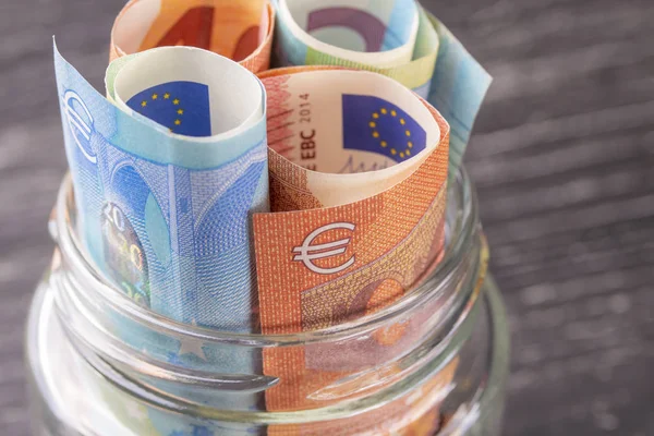 Tarro Vidrio Con Billetes Euros Primer Plano Vista Desde Arriba — Foto de Stock