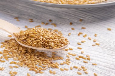 Üzerinde gri bir mat plaka üzerinde bir tahta kaşık keten tohumu.