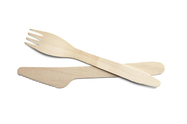 Couteau et fourchette en bois isolés sur un fond blanc . — Photo