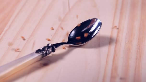 Las semillas de lino caen sobre una cuchara de metal con un patrón — Vídeo de stock
