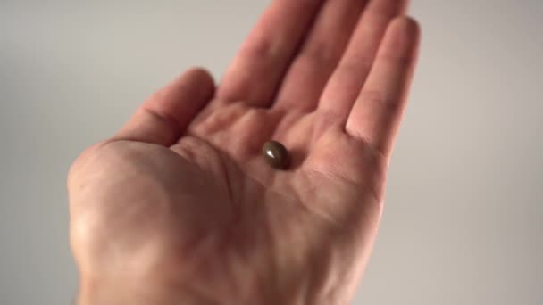 Donkere Medische Capsules Giet Uit Palm Van Hand Sommige Vliegen — Stockvideo