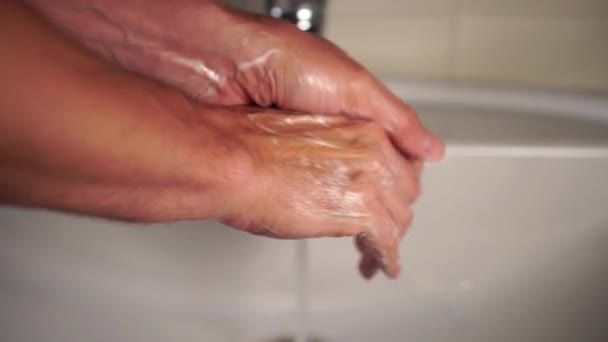 Man Washes His Hands Bathroom Liquid Soap — Stock Video