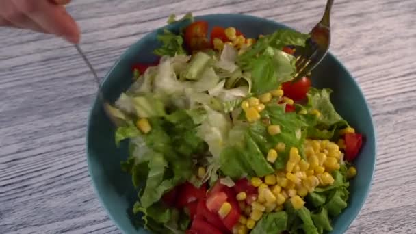 Woman Stirs Two Forks Vegetable Salad Tomatoes Herbs Corn Aquamarine — Stock Video