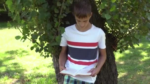 Adolescente Está Leyendo Libro Pie Cerca Árbol Camiseta Multicolor Pantalones — Vídeos de Stock