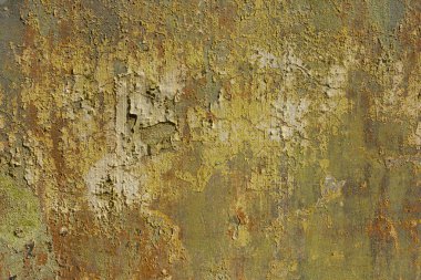 Paslı hasarlı beton duvar, soyulmuş boya ve lekeler. Soyut dramatik renkli, enerjik bir arkaplan. Yüksek çözünürlük