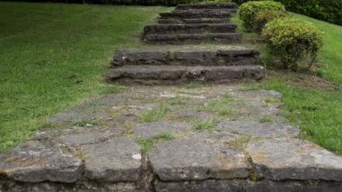 Bahçedeki eski taş harap olmuş merdivenler, çimenler ve süs çitiyle. Kamerayı ileri geri hareket ettir. Geliştirme ve tasarım kavramı