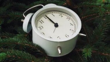 Yeşil iğneli bir köknar dalındaki eski çalar saat. Yılbaşı ve Noel arifesinde saat. Rüzgarda sallanıyor