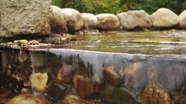 Water Stroomt Uit Een Decoratief Meer Het Park Langs Watervallen — Stockvideo