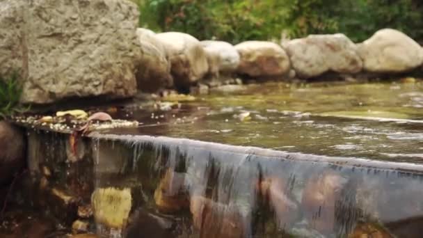 Vattnet Från Det Dekorativa Vattenfallet Rinner Ner Mossiga Bruna Stenarna — Stockvideo