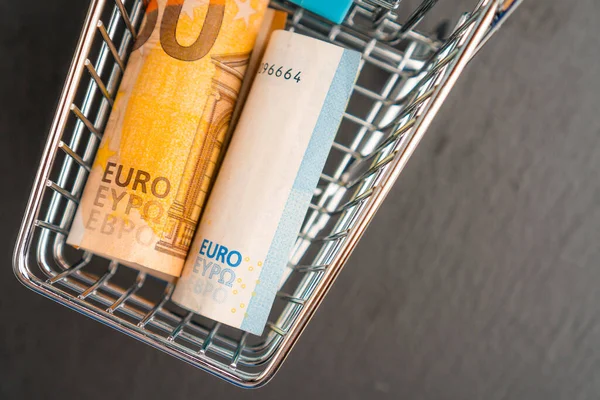 Billetes Euro Mini Carrito Compras Concepto Carrito Compras Negocio — Foto de Stock