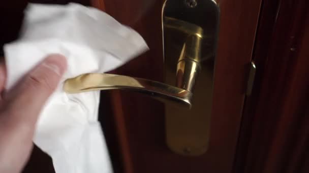 Cleaning Disinfecting Door Handle Germs Bacteria Virus Hand Holding Disposable — Stock Video