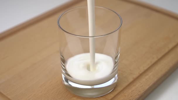 Fresh Thick Kefir Yogurt Fill Glass Wooden Cutting Board Using — Stock Video