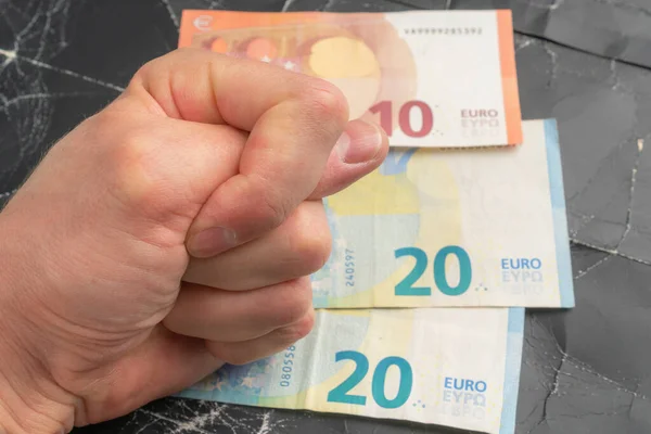 Billetes Euros Sobre Fondo Arrugado Negro Mano Muestra Gesto Rechazo — Foto de Stock