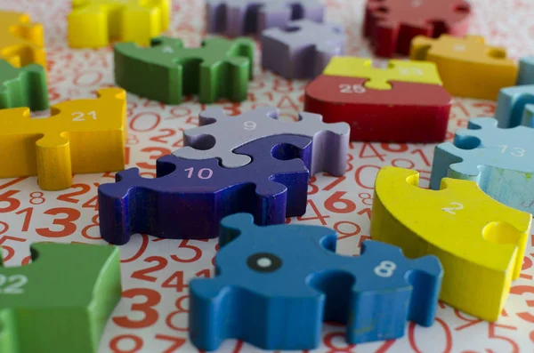 Puzzles Colored Figures Numbers Letters Used Occupational Therapy Rehabilitation Learning — Stock Photo, Image