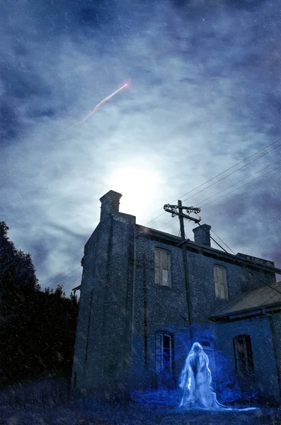 Cold night. Old house with fantasta. Shooting Star. Blue Night. Moonlight.