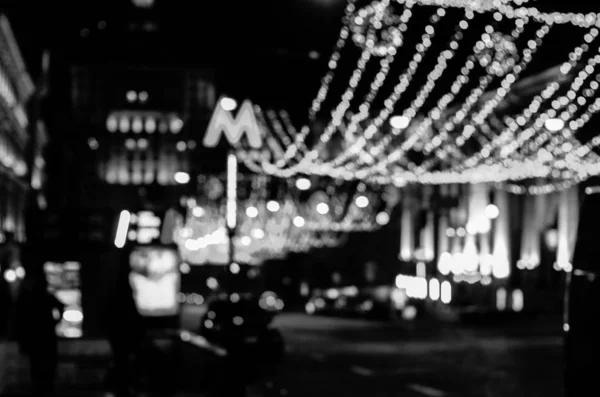 Luces Ciudad Borrosas Blanco Negro — Foto de Stock