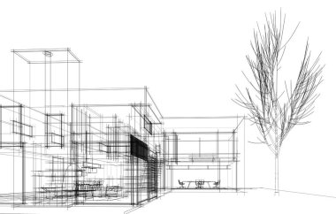 mimari konsepti Eskiz 3d illüstrasyon