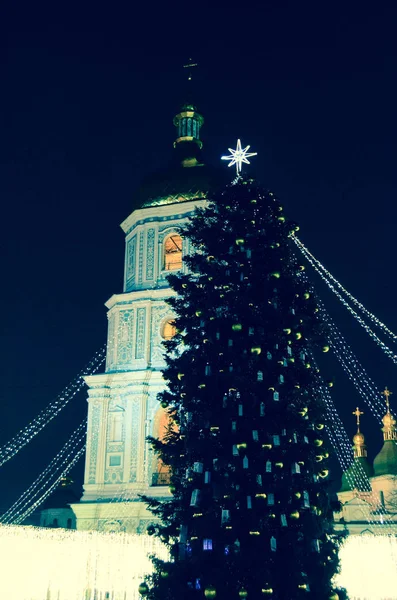 Vista Turva Árvore Natal Kiev Ucrânia — Fotografia de Stock
