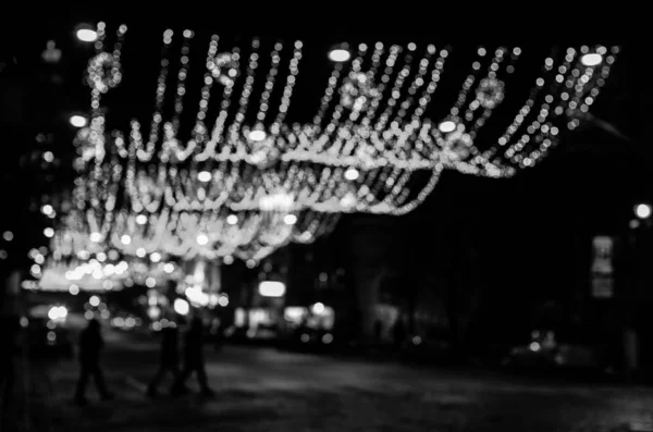 Luces Ciudad Borrosas Blanco Negro — Foto de Stock