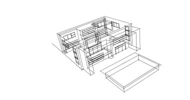  Mimari bina tasarımının 3 boyutlu illüstrasyonu
