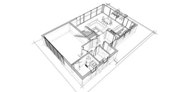 建築建物の3Dモデリングソフトウェア設計 インテリアイラスト — ストック写真