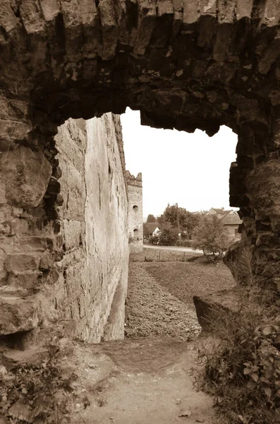 Vue Des Ruines Vieux Bâtiments Avec Des Buissons — Photo