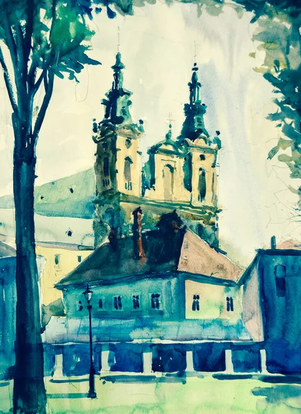 Suluboya çizim, mimari konsept, minimum geometrik şekiller.