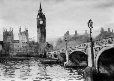 Suluboya çizim, mimari konsept, minimum geometrik şekiller.