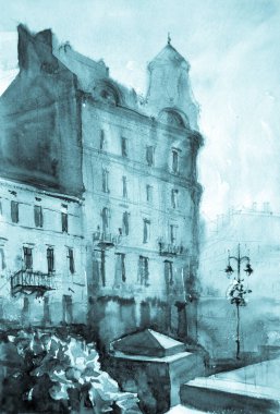 Suluboya çizim, mimari konsept, minimum geometrik şekiller.