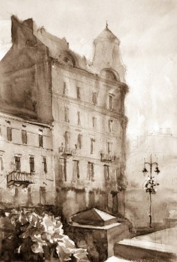 Suluboya çizim, mimari konsept, minimum geometrik şekiller.