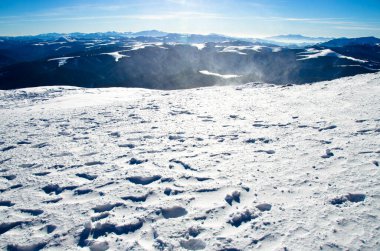 Karlı dağlar ve ağaçların kış manzarası 