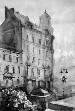 Suluboya çizim, mimari konsept, minimum geometrik şekiller.