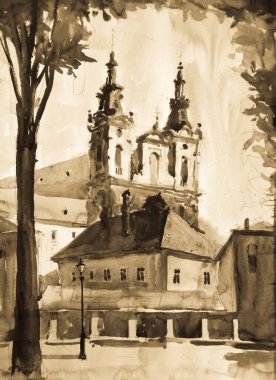 Suluboya çizim, mimari konsept, minimum geometrik şekiller.