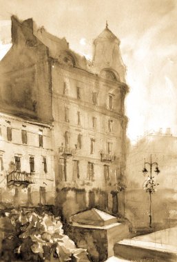 Suluboya çizim, mimari konsept, minimum geometrik şekiller.