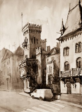 Arkaplanda mimari bina 3d illüstrasyon