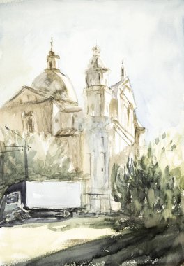 Suluboya çizim, mimari konsept, minimum geometrik şekiller.