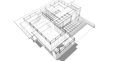 Arkaplanda mimari bina 3d illüstrasyon