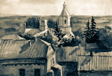 Suluboya çizim, mimari konsept, minimum geometrik şekiller.